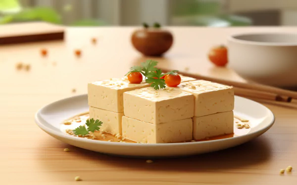 HD desktop wallpaper featuring a plate of fresh tofu garnished with herbs and cherry tomatoes on a wooden table.
