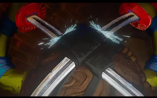 Teenage Mutant Ninja Turtles: Mutant Mayhem HD wallpaper featuring an intense clash of their iconic weapons..