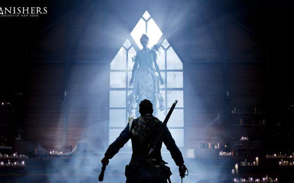 HD wallpaper from Banishers: Ghosts of New Eden depicting a dramatic church scene with a character facing a ghostly figure illuminated by a stained glass window.