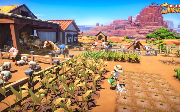 HD desktop wallpaper featuring a vibrant scene from My Time at Sandrock with a character farming in a quaint village setting, accented by animals and territorial buttes.