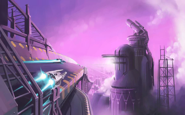 HD desktop wallpaper from Wipeout Omega Collection featuring a futuristic racing ship speeding along a vibrant purple track with industrial structures in the background.