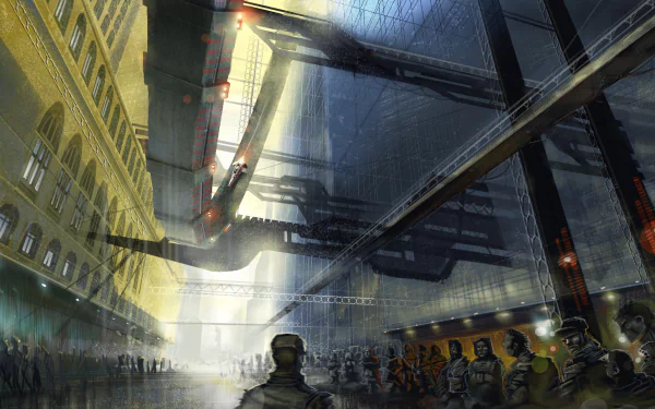 HD desktop wallpaper from Wipeout Omega Collection featuring a futuristic race with sleek hovercrafts soaring above an excited crowd in a vibrant, urban setting.