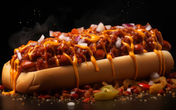 A delicious chili dog topped with shredded cheese, onions, and chili, surrounded by colorful toppings. This HD desktop wallpaper showcases mouthwatering food in vibrant detail.