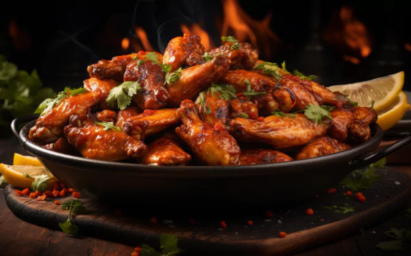 A vibrant HD desktop wallpaper featuring a heaping platter of delicious chicken wings, garnished with herbs and lemon, set against a warm, fiery background.