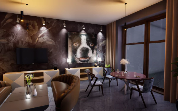 HD desktop wallpaper from Hotel Renovator video game, featuring a modern hotel lounge with edgy dog-themed wall art.