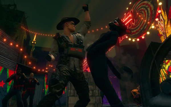 HD desktop wallpaper from Saints Row (2022) featuring a nighttime street fight scene with vibrant carnival lights.