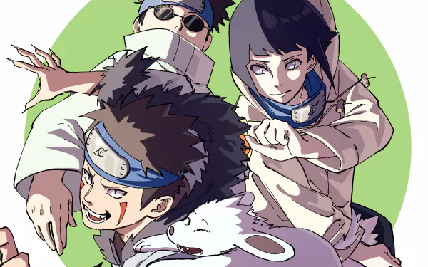 2K Quad HD PC desktop wallpaper: anime illustration of Naruto trio — Kiba Inuzuka with Akamaru, Shino Aburame and Hinata Hyuga posing against a green circular backdrop.