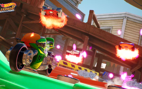 HD desktop wallpaper for Hot Wheels Unleashed 2: Turbocharged, featuring dynamic race cars on a fiery and vibrant track.