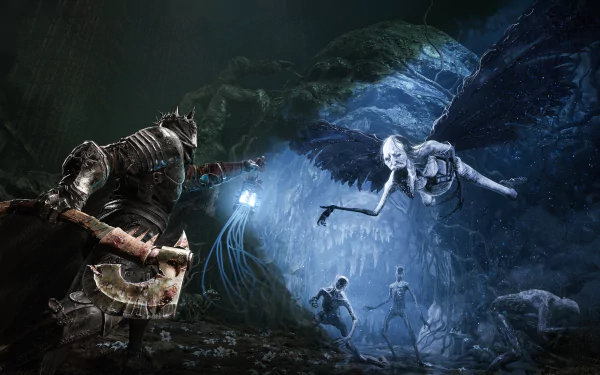 HD desktop wallpaper from Lords Of The Fallen featuring a knight facing a ghostly adversary in a dark, eerie cave setting.
