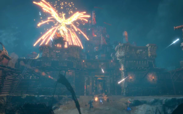 HD desktop wallpaper from the video game Warlander, featuring a dynamic night battle scene with a bright explosion above a fortress.