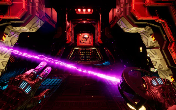 HD desktop wallpaper from System Shock (2023) depicting a vibrant, futuristic corridor with purple laser beams from a player's gun.