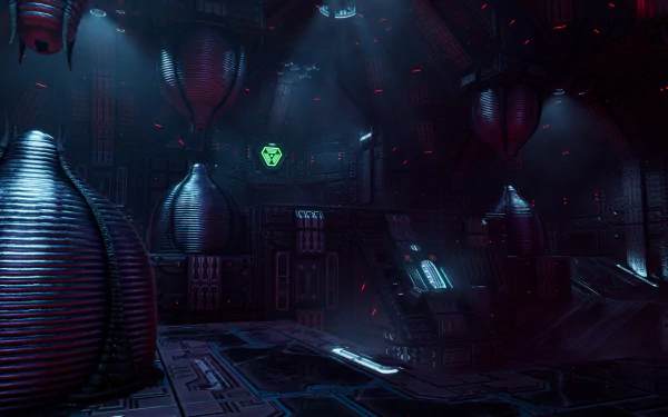 HD desktop wallpaper from the video game System Shock (2023) featuring a dark, futuristic spaceship interior with glowing elements and atmospheric lighting.