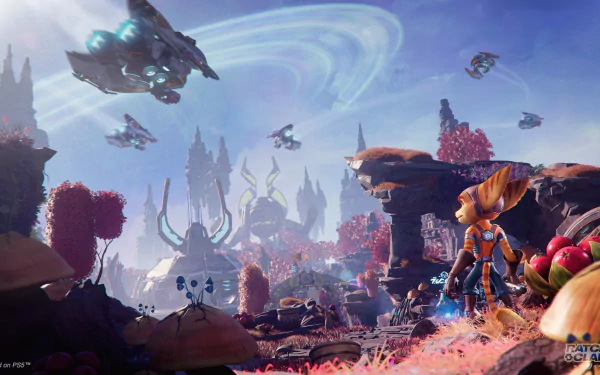 HD desktop wallpaper from Ratchet & Clank: Rift Apart featuring vibrant alien landscapes and characters, including Ratchet observing distant ships and structures.