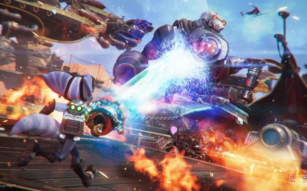 HD desktop wallpaper from Ratchet & Clank: Rift Apart featuring Ratchet in action with his weapon, set against a dynamic, fiery battlefield.