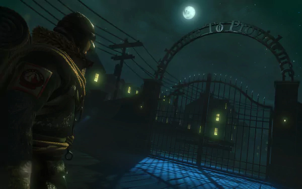 HD desktop wallpaper from the video game Edge of Nowhere, featuring a character looking at a moonlit gate with eerie green lighting.