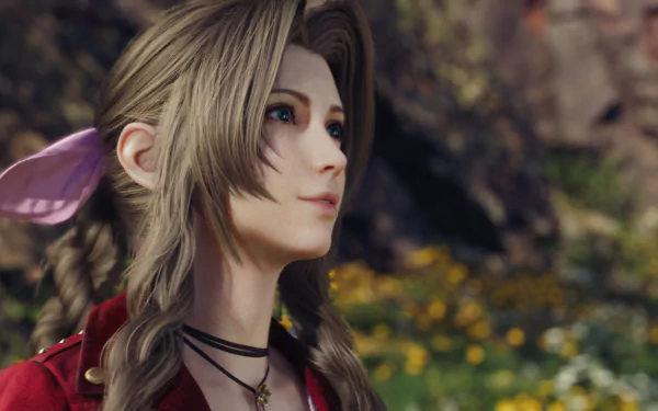 HD desktop wallpaper from Final Fantasy VII Rebirth featuring a detailed close-up of Aerith Gainsborough in a floral background.