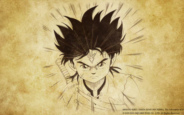 HD desktop wallpaper featuring a sketched portrait of a character from Infinity Strash: DRAGON QUEST The Adventure of Dai on a vintage paper background.