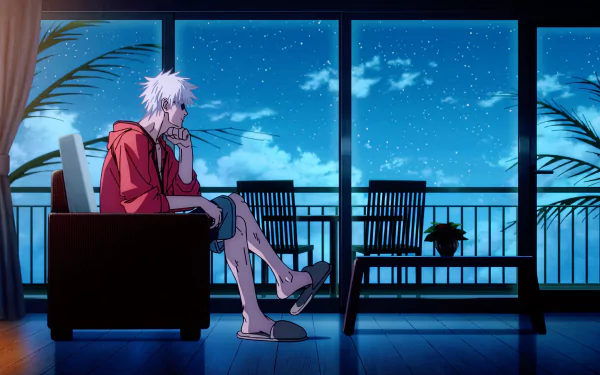 Satoru Gojo from Jujutsu Kaisen sits pensively in a cozy chair, gazing out at a starry night sky. This vibrant HD wallpaper captures a serene moment in the anime's second season.