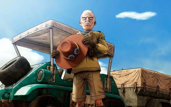 HD desktop wallpaper from the video game Sand Land featuring an animated character standing beside a green jeep, holding a hat and a binocular.