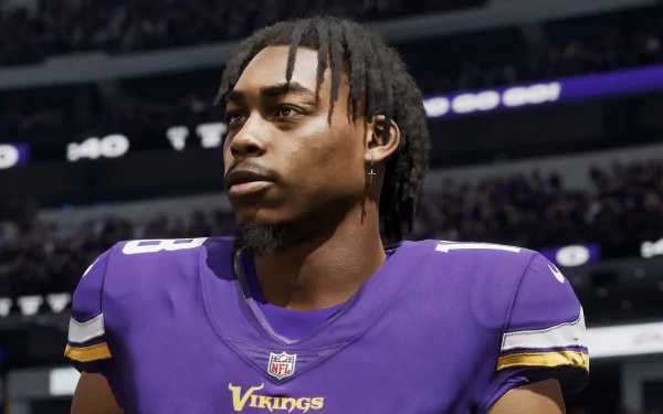 HD desktop wallpaper of a Madden NFL 24 video game character wearing a Minnesota Vikings uniform, captured in a detailed stadium setting.