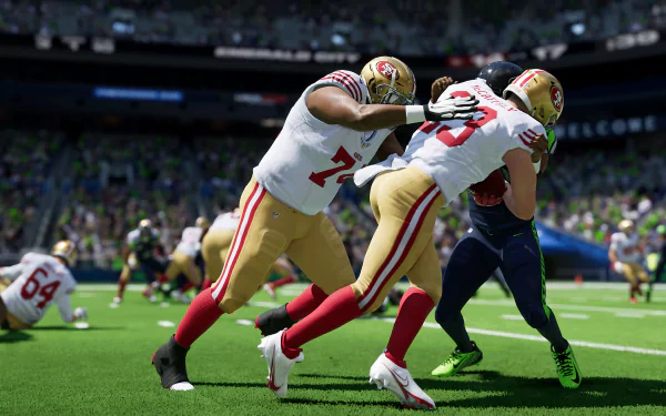 HD wallpaper from Madden NFL 24 featuring two football players in action on the field, capturing gameplay realism.