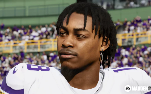 HD desktop wallpaper from Madden NFL 24 featuring a detailed close-up of a video game character in a purple football jersey, set against a stadium background.
