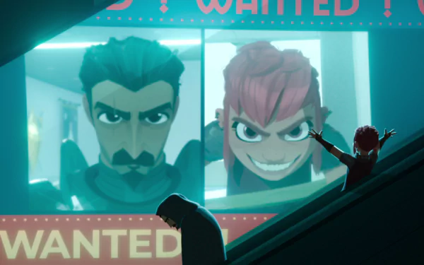 HD desktop wallpaper from the movie Nimona featuring characters in a wanted poster display, with Nimona playfully posing.