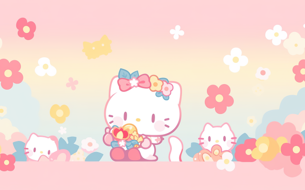 HD Hello Kitty desktop wallpaper featuring cute character designs with a pastel floral background.