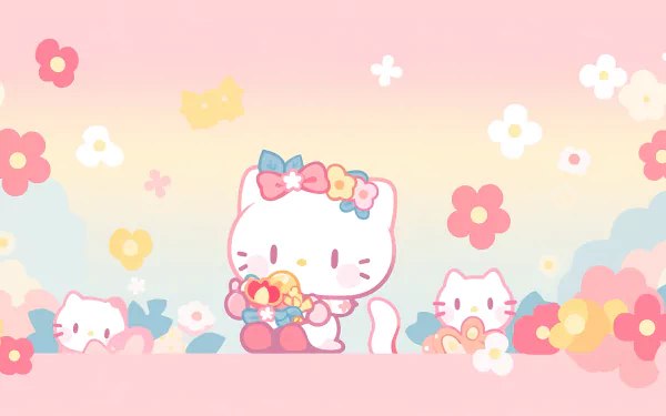 HD desktop wallpaper featuring a cheerful Hello Kitty surrounded by flowers and smaller cat characters on a soft pink background.