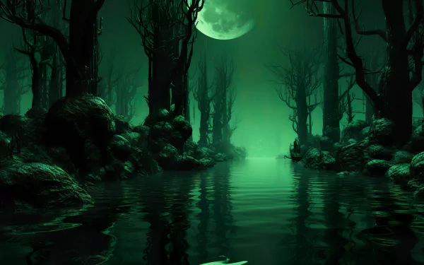 HD desktop wallpaper of a mystical green-lit swamp with silhouetted trees under a full moon, creating an eerie fantasy landscape.
