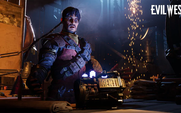 HD desktop wallpaper from the video game Evil West, featuring a character in armor with glowing elements, standing in a dimly lit workshop.