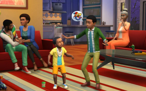 HD desktop wallpaper of a lively scene from The Sims 4, featuring a family interacting in a colorful living room.