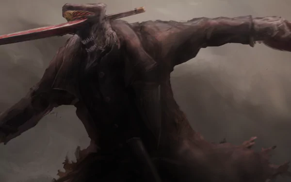 Katana Man (Chainsaw Man) anime 2K Quad HD PC desktop wallpaper/background — blood-streaked swordsman looming through mist over a ruined battlefield.