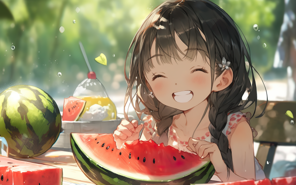 HD wallpaper of a cheerful animated girl enjoying watermelon slices on a sunny day.