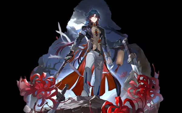 HD wallpaper of Blade from Honkai: Star Rail, featuring the character with a sword, surrounded by dynamic red floral designs and a mysterious, cloudy backdrop.