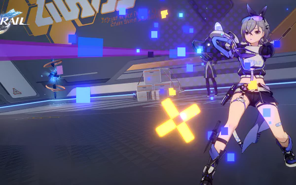 HD desktop wallpaper featuring Silver Wolf from Honkai: Star Rail, in a dynamic pose with a futuristic weapon on a sci-fi themed background.