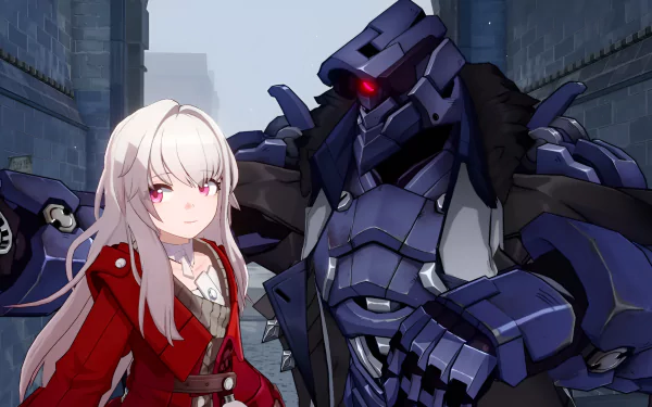 HD wallpaper featuring Clara from Honkai: Star Rail standing confidently next to a large robotic figure in an urban setting.