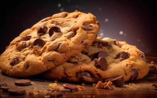 HD wallpaper of delicious chocolate chip cookies on a wooden surface with chocolate chips scattered around.
