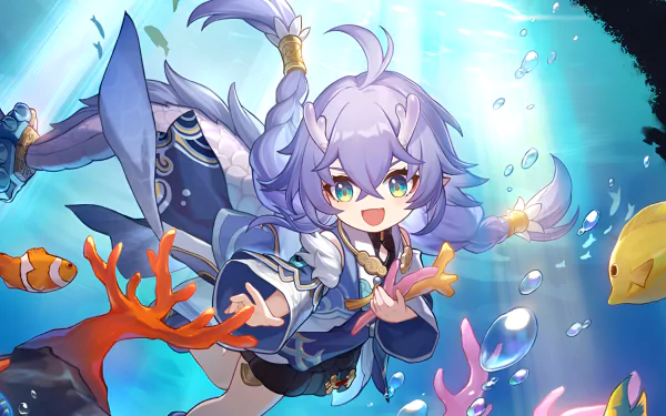 HD wallpaper featuring Bailu from Honkai: Star Rail, depicted with a playful pose underwater surrounded by fish and bubbles.