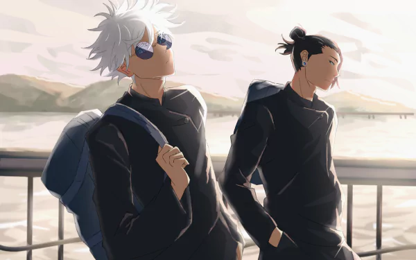 An HD desktop wallpaper featuring Satoru Gojo and Suguru Geto from the anime Jujutsu Kaisen, showcasing their distinct styles against a serene background.