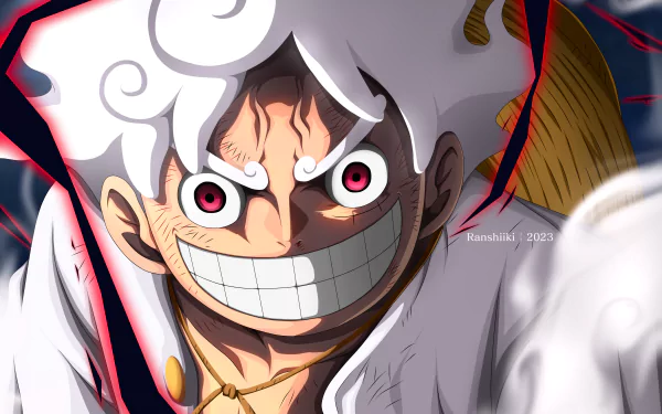 Powerful anime character Monkey D. Luffy in Gear 5 transformation from One Piece series, in HD desktop wallpaper.
