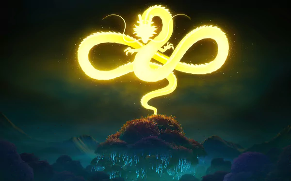 An HD desktop wallpaper of a scene from the video game Fortnite featuring a glowing yellow dragon coiled in the sky above a mystical landscape.