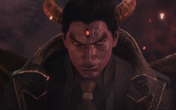 HD wallpaper featuring Kazuya Mishima from Tekken 8 with fiery, demonic background, perfect for desktop customization.