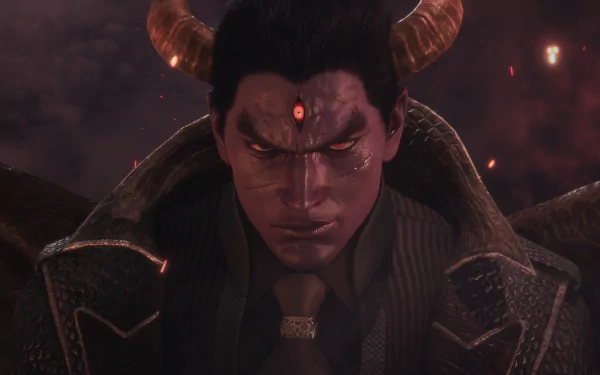 HD desktop wallpaper of Kazuya Mishima from Tekken 8, featuring a close-up of his intense expression and demonic form against a fiery backdrop.