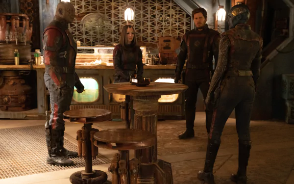 HD desktop wallpaper of Guardians of the Galaxy Vol. 3 characters, including Star-Lord, Mantis, and Drax, in a detailed spacecraft interior scene.