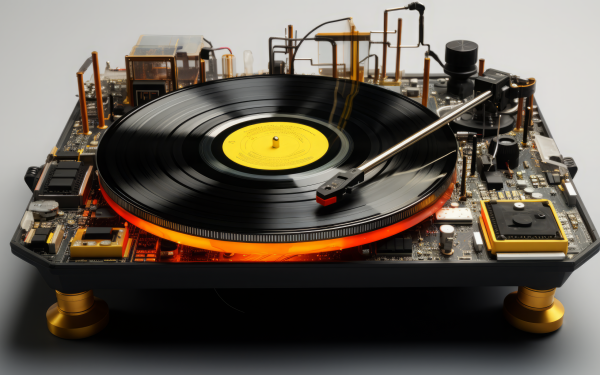 HD Wallpaper of a High-End Turntable Playing a Vinyl Record with Warm Illumination for Music Enthusiasts and Audiophiles.