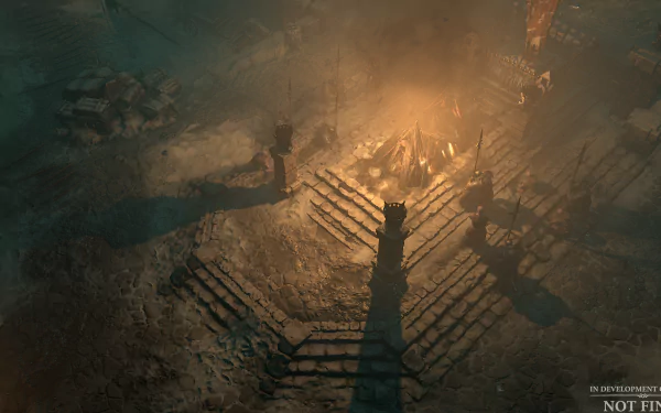 HD desktop wallpaper featuring a dark, atmospheric scene from Diablo IV with a glowing bonfire and shadowy structures.