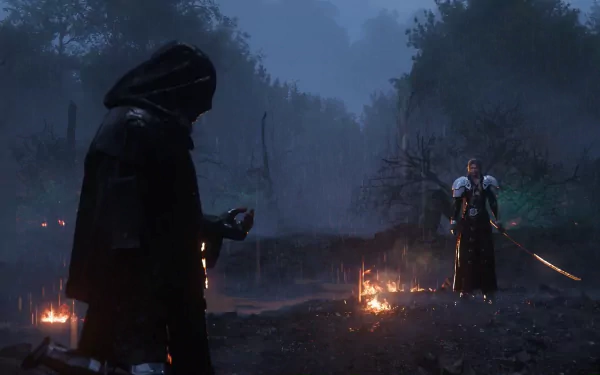 HD desktop wallpaper featuring characters from Final Fantasy VII: Ever Crisis, set in a dark, misty forest with ambient flames.