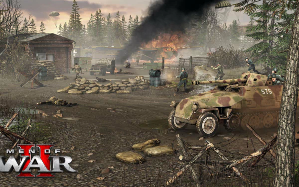 Men of War II HD desktop wallpaper featuring a dynamic battlefield scene with soldiers and an armored vehicle amidst forest terrain.