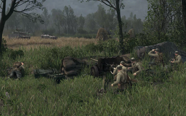 HD wallpaper featuring a Men of War II game scene with soldiers in combat on the battlefield.